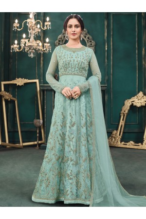 Sky Blue Net Satin Anarkali Gown